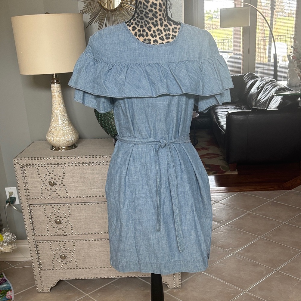 J Crew Chambray Ruffle Belted Dress - Light Blue